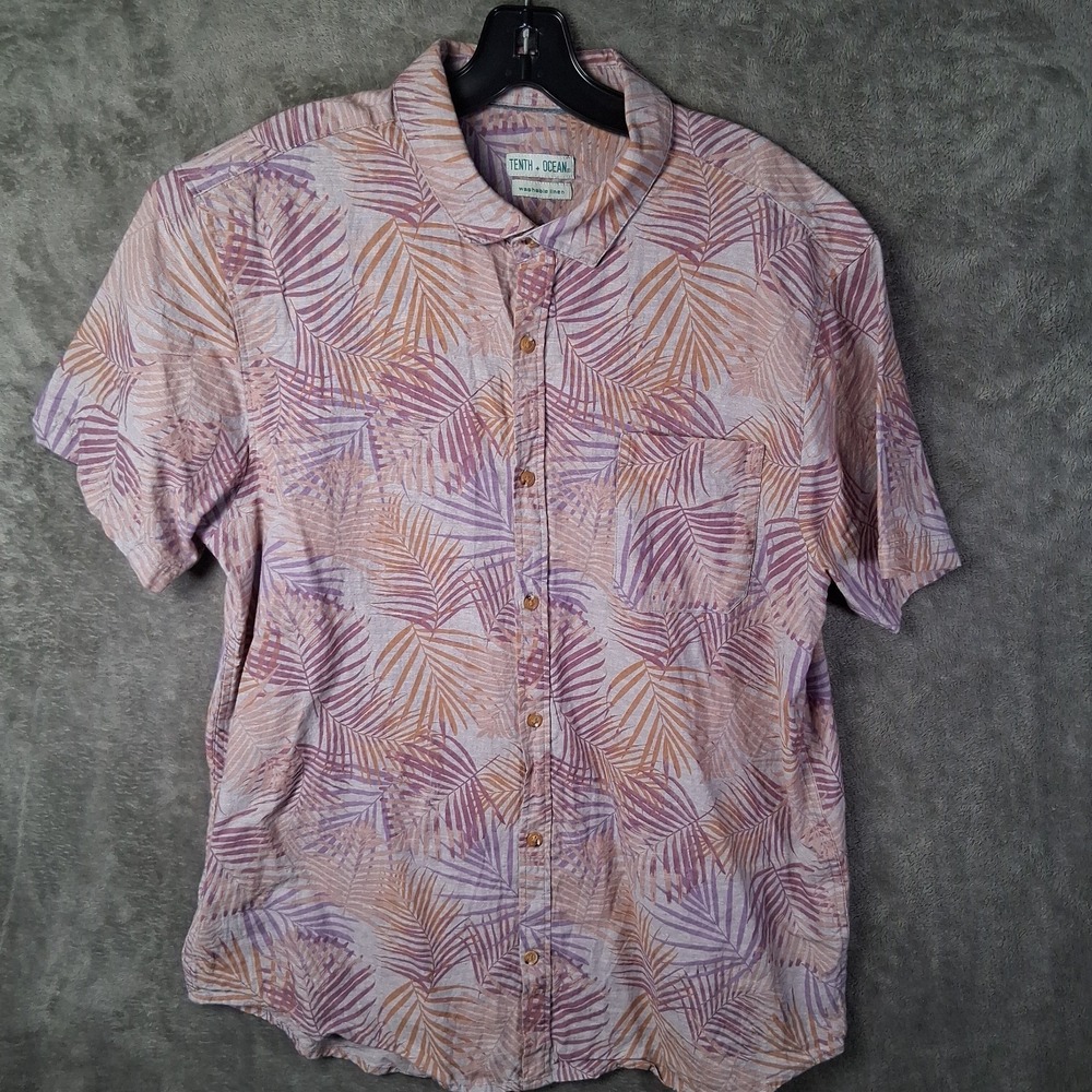 Tenth + Ocean Linen Blend Shirt Men XL Purple Floral Pattern Short Sleeve Pocket